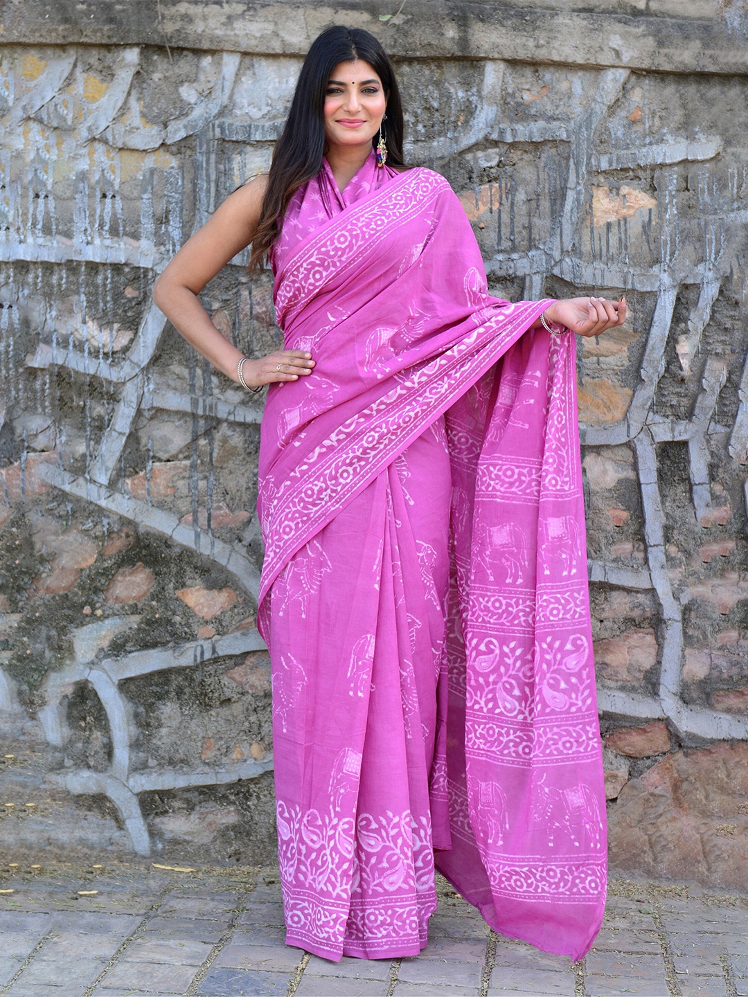 KALINI Ethnic Motifs Printed Pure Cotton Saree, Pink