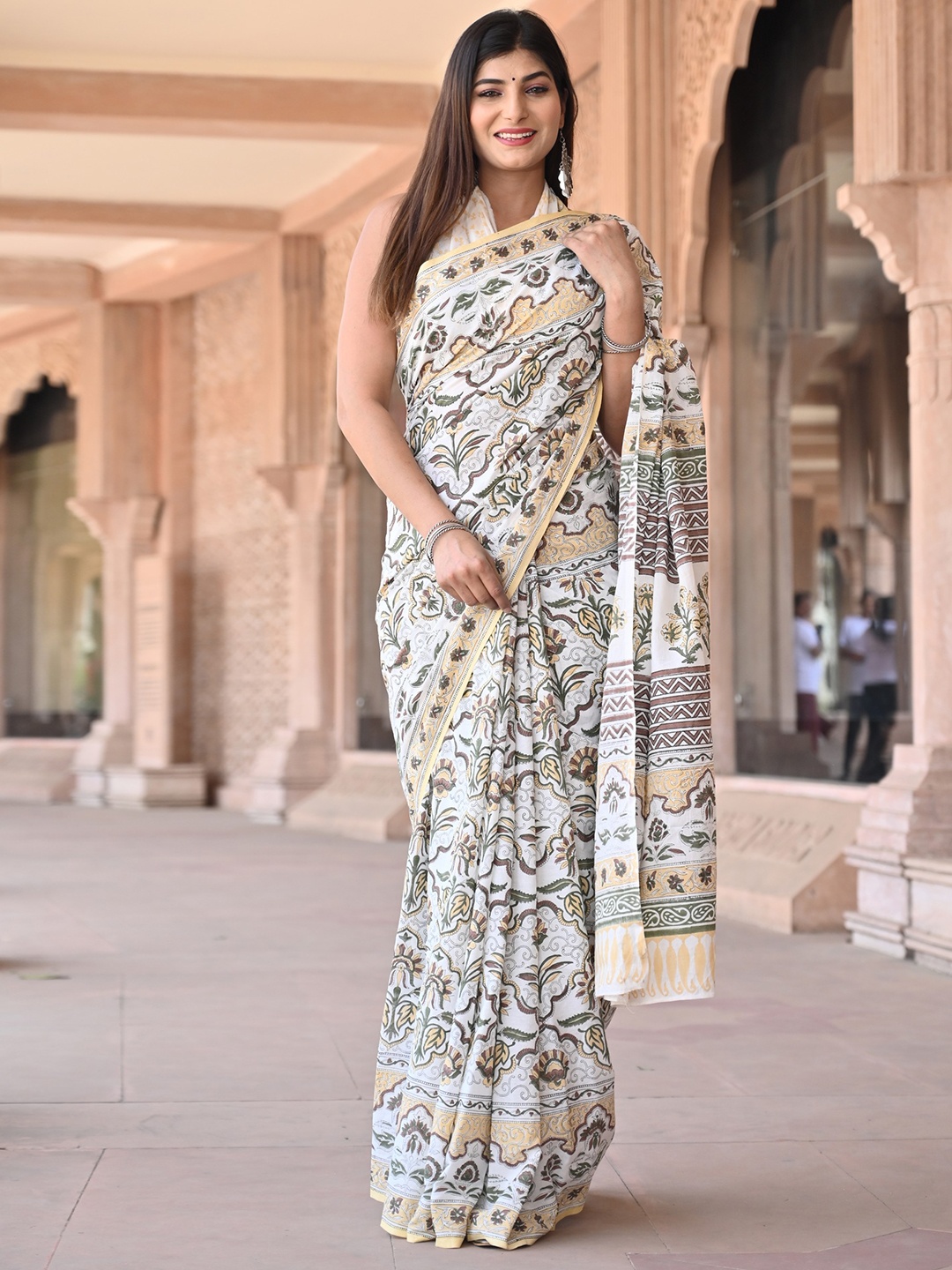KALINI Ethnic Motifs Pure Cotton Saree, Mustard