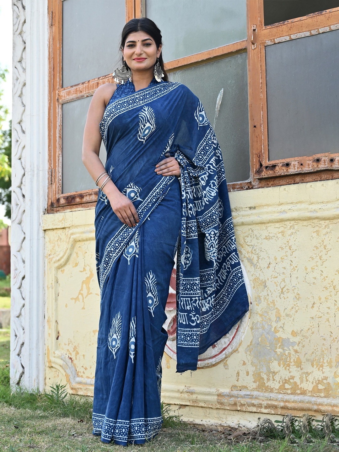 KALINI Ethnic Motifs Printed Pure Cotton Saree, Blue
