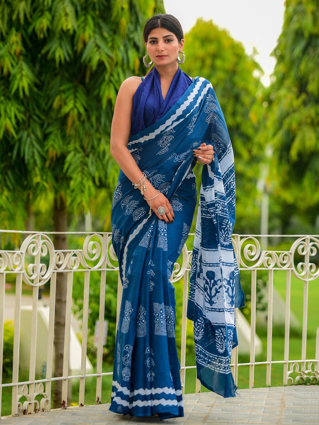 

KALINI Ethnic Motif Printed Pure Cotton Saree, Blue
