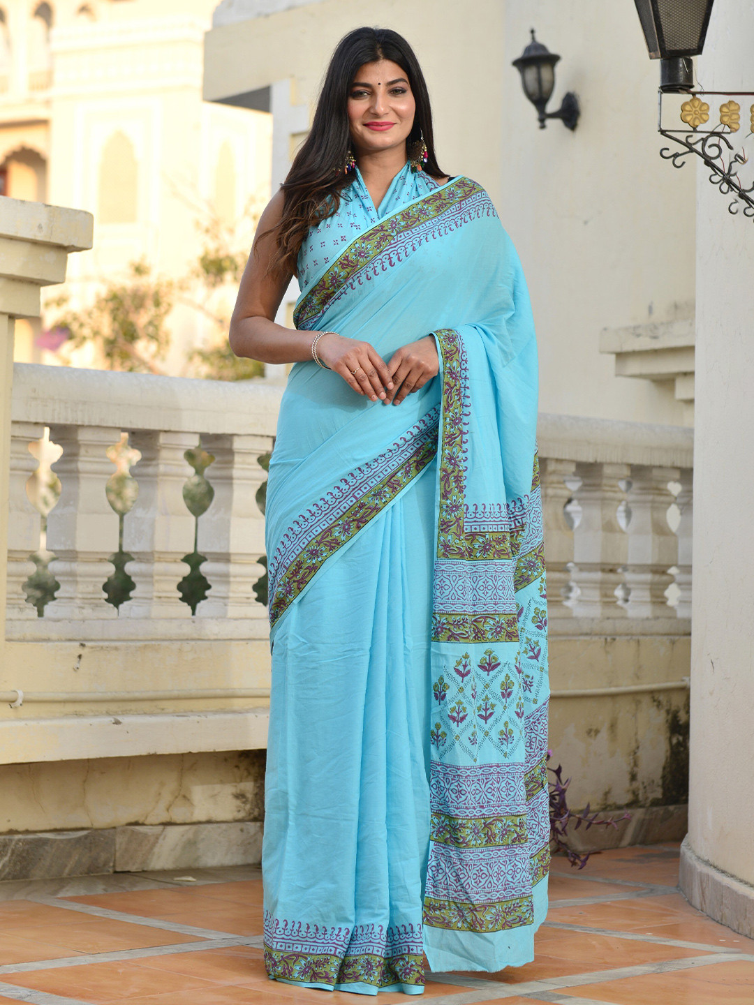 

KALINI Ethnic Motifs Printed Pure Cotton Saree, Blue
