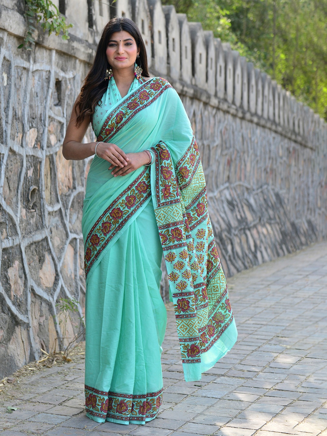 

KALINI Floral Block Printed Pure Cotton Saree, Sea green