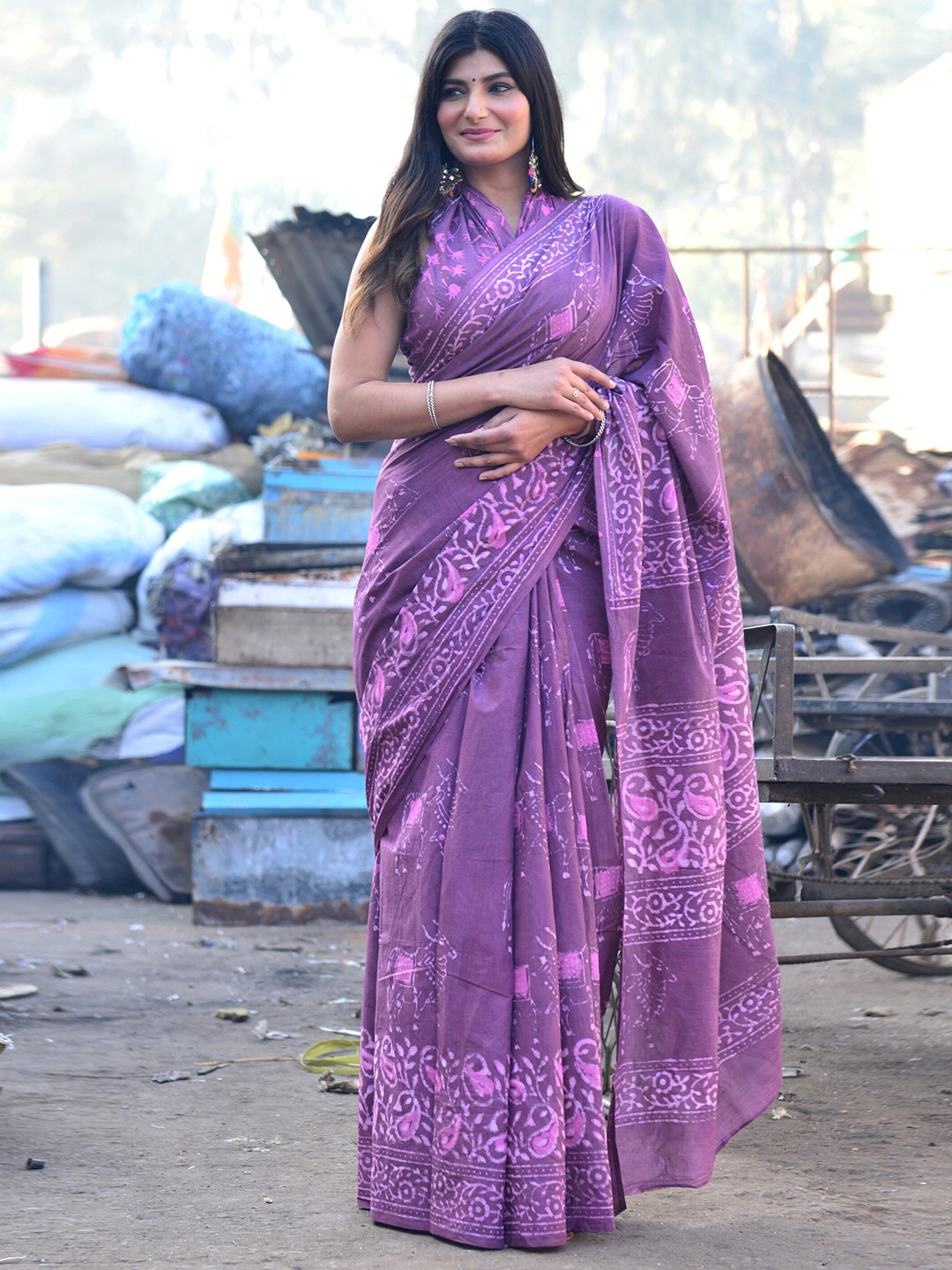 

KALINI Ethnic Motifs Printed Pure Cotton Saree, Purple