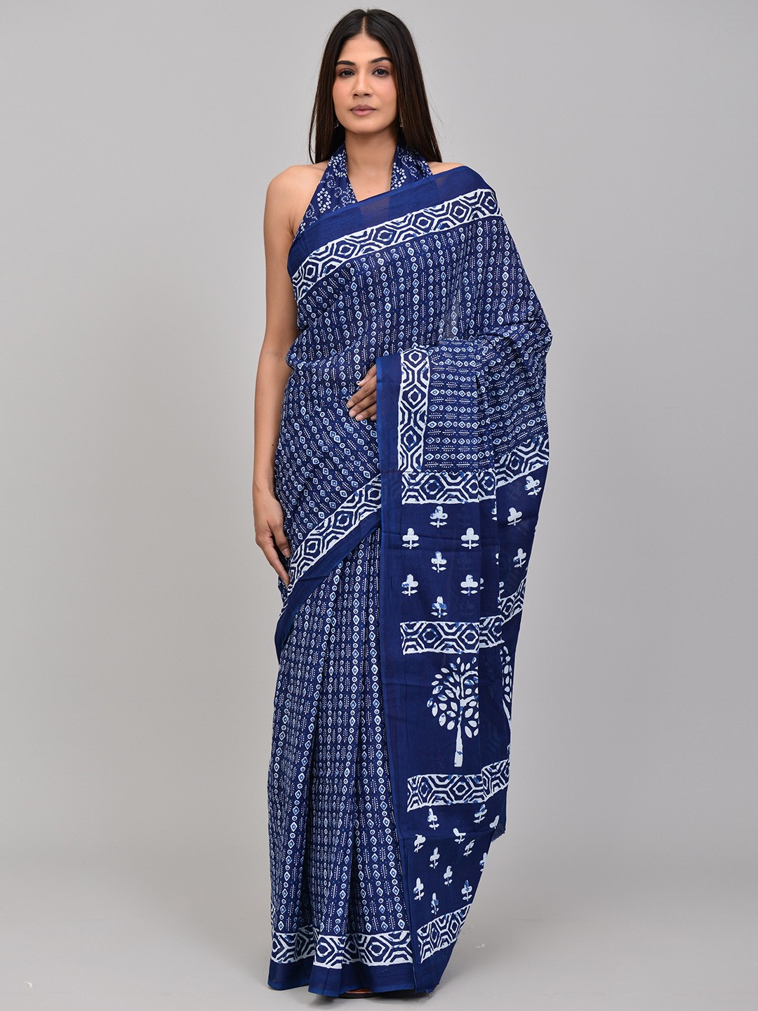

KALINI Ethnic Motifs Printed Pure Cotton Saree, Navy blue