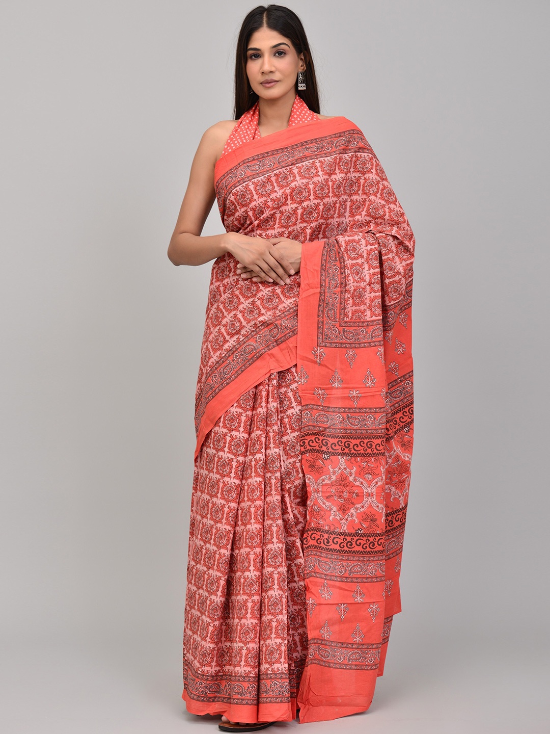 

KALINI Ethnic Motifs Printed Pure Cotton Saree, Peach
