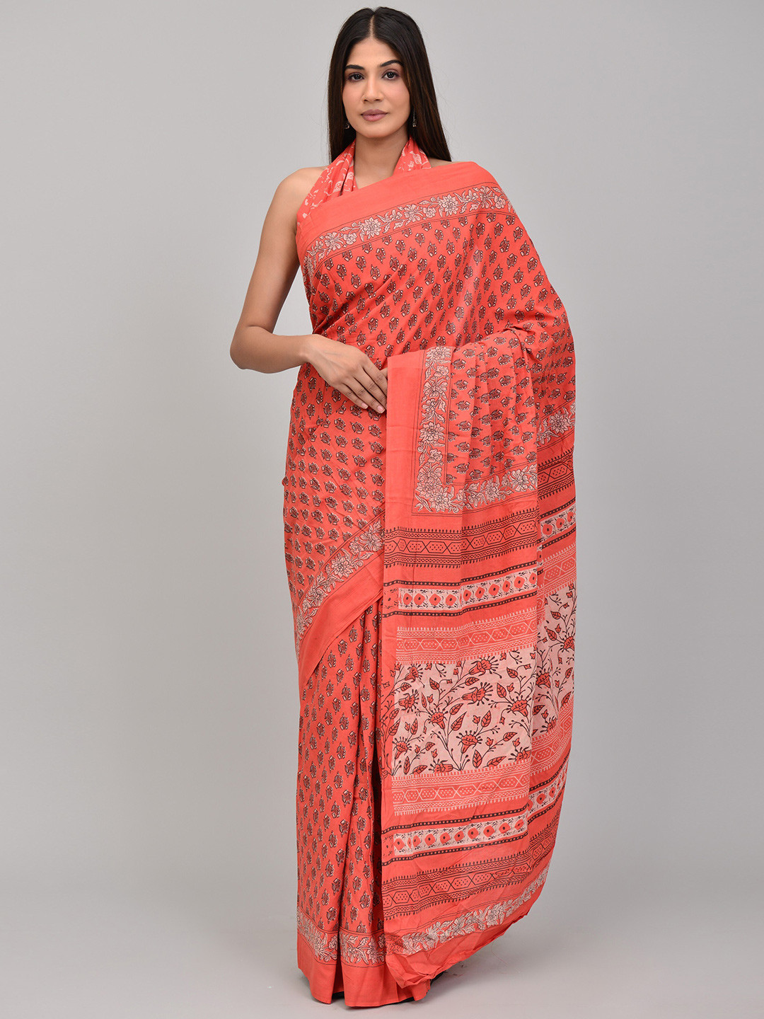 

KALINI Floral Block Printed Pure Cotton Saree, Peach