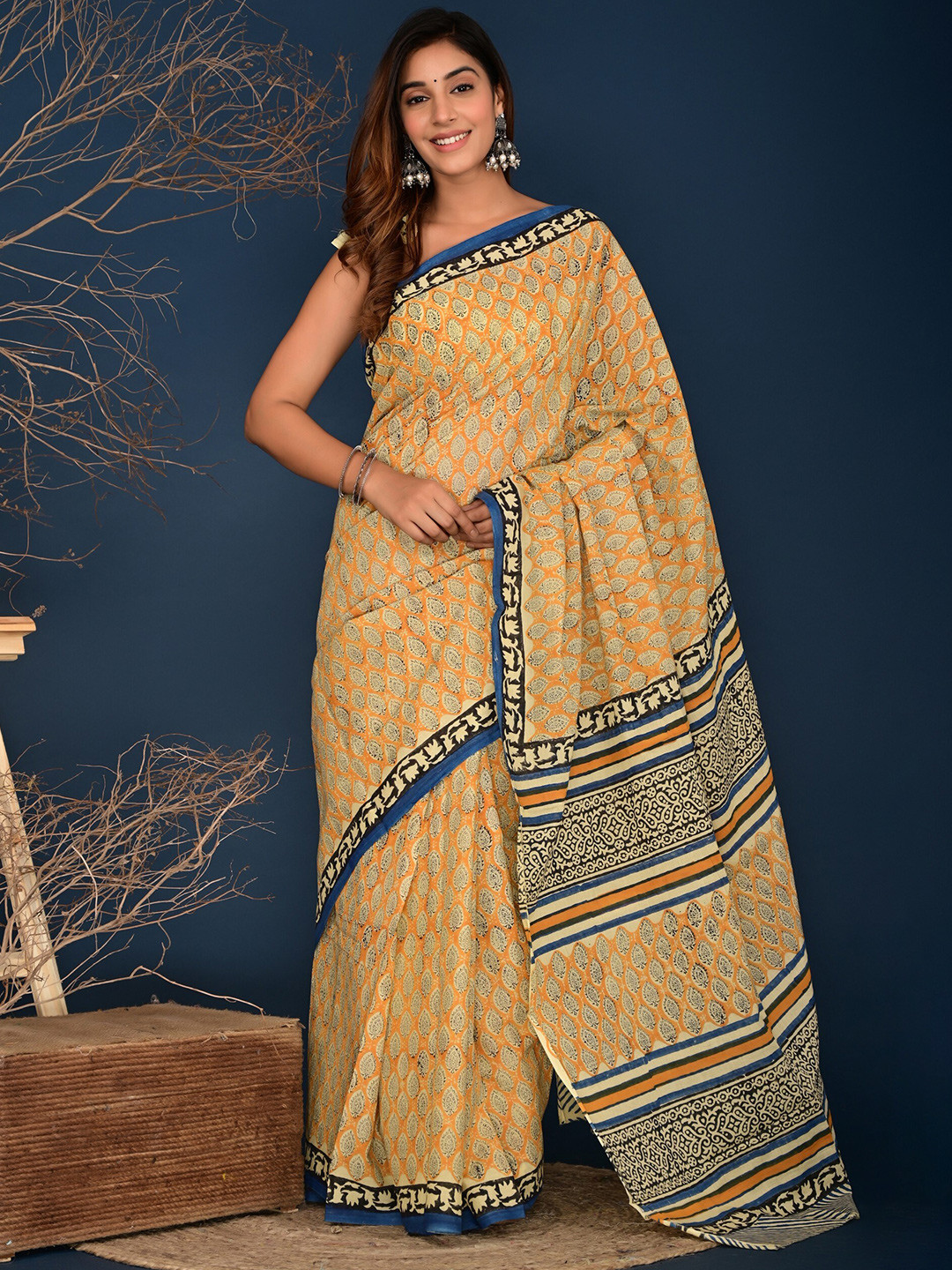 

KALINI Ethnic Motifs Printed Pure Cotton Saree, Mustard
