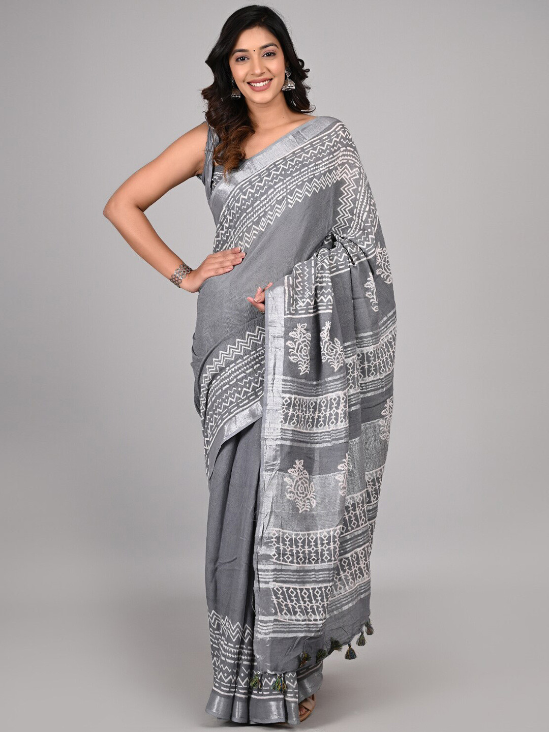 

KALINI Ethnic Motifs Printed Zari Pure Cotton Saree, Grey