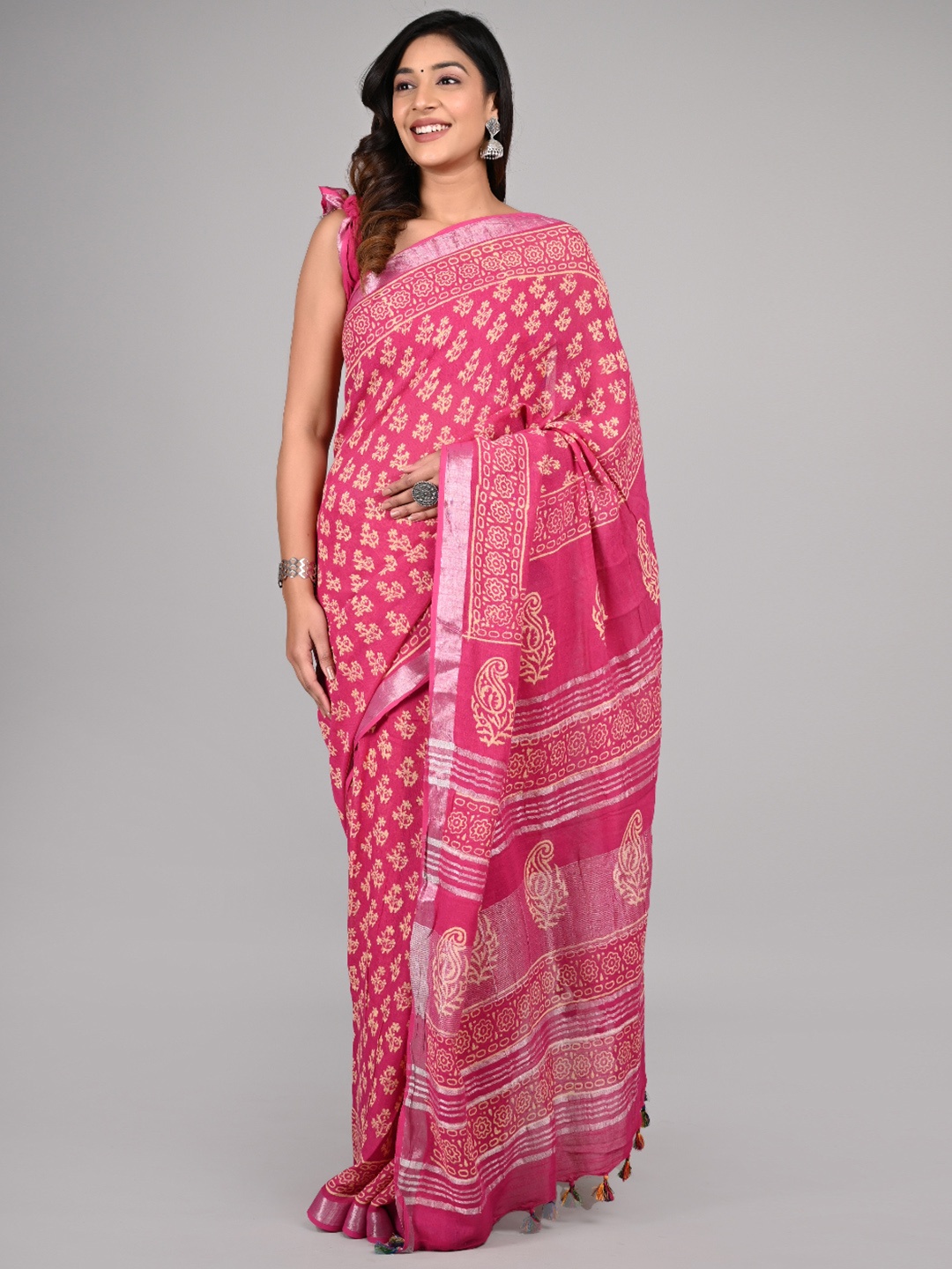 

KALINI Ethnic Motifs Zari Pure Cotton Saree, Pink