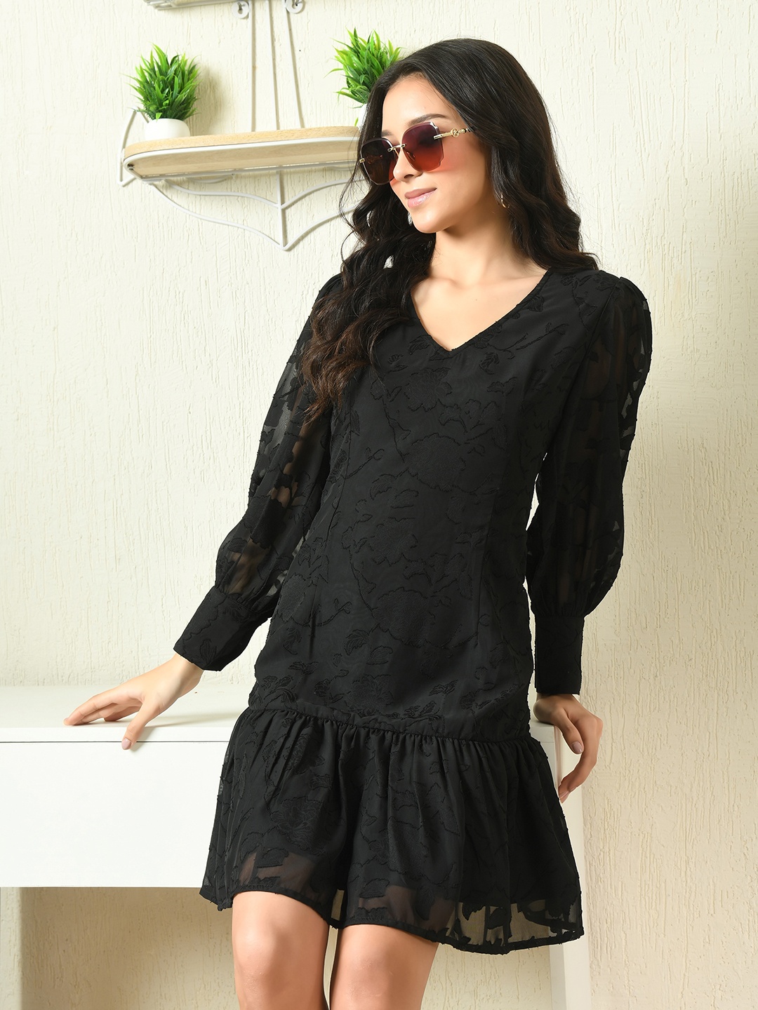 

PANDORNA Self Design Puff Sleeves Gathered A-Line Mini Dress, Black