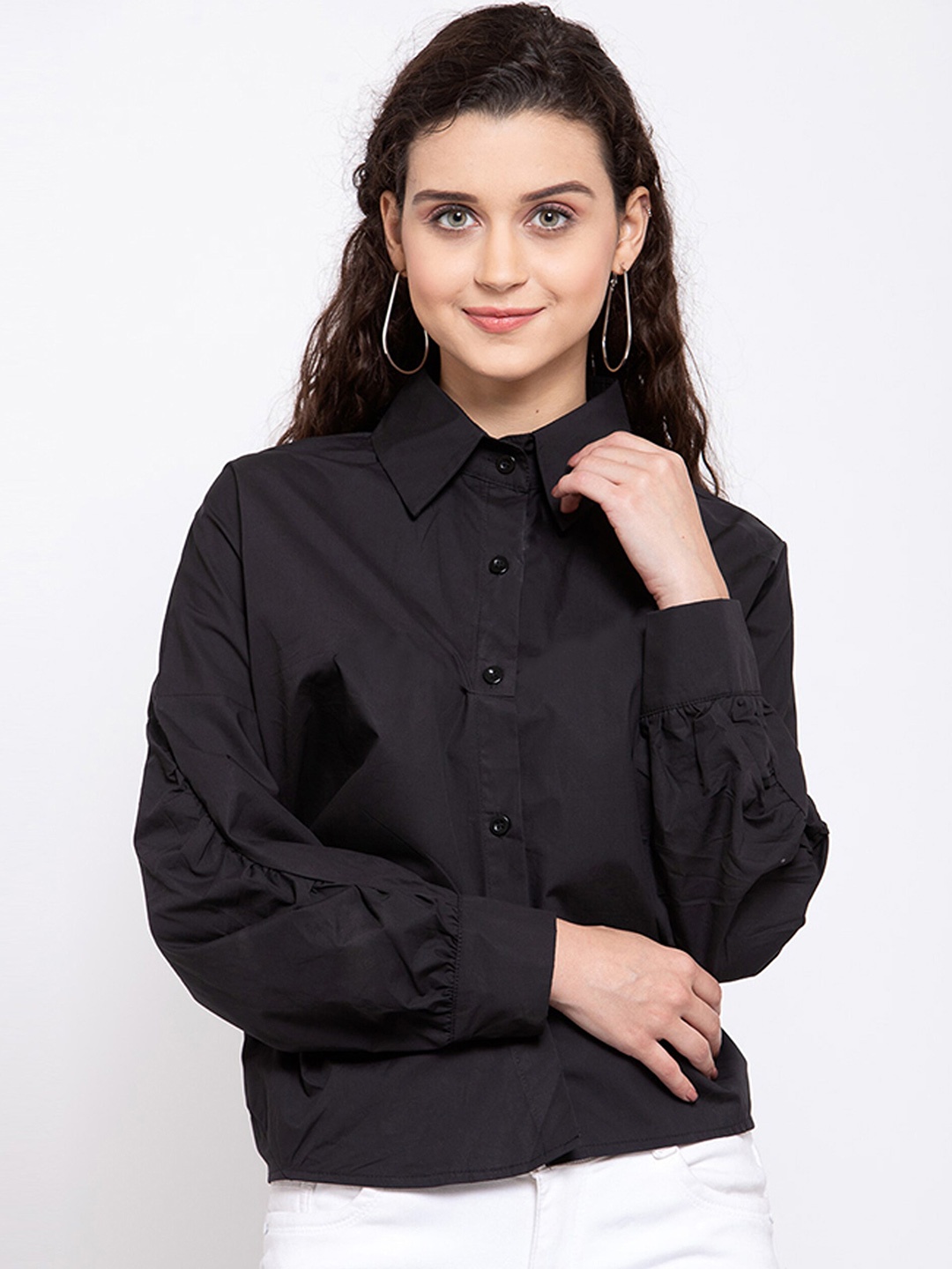 

iki chic Spread Collar High Low Hem Oversized Cotton Shirt, Black