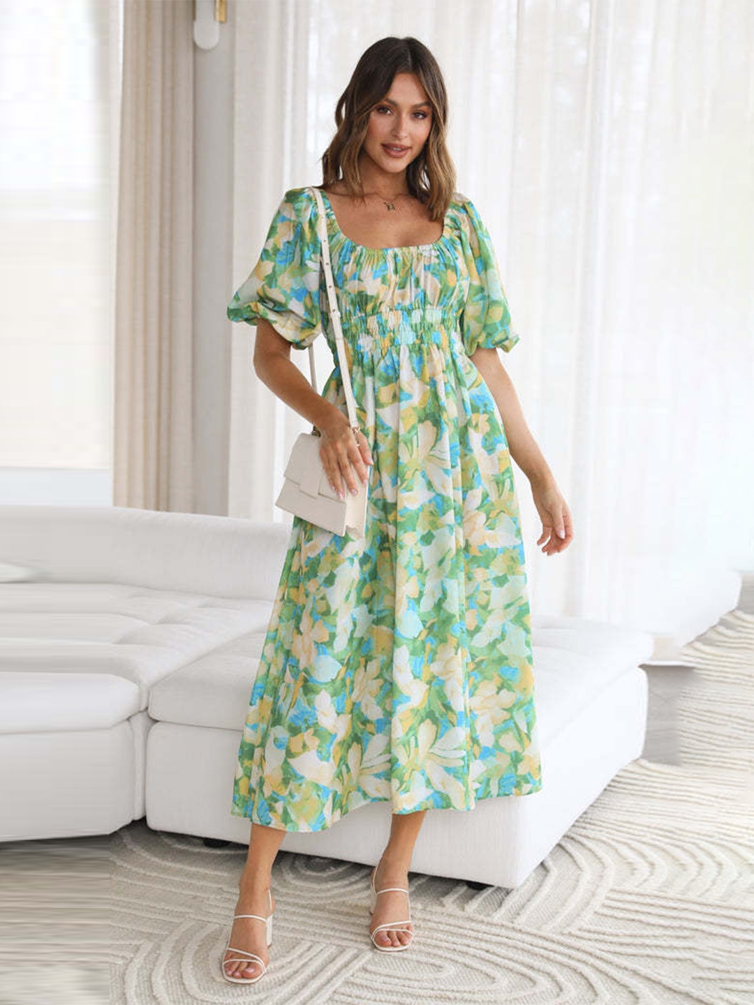 

StyleCast Green Floral Printed Puff Sleeves A-Line Maxi Dress