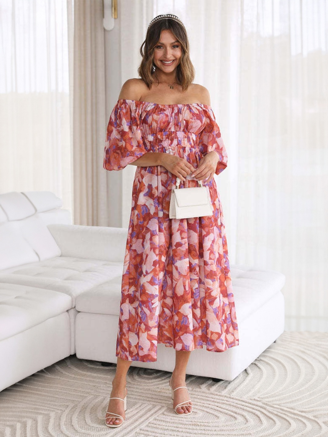 

StyleCast Pink Floral Printed Off-Shoulder Flared Sleeves Fit & Flare Midi Dress