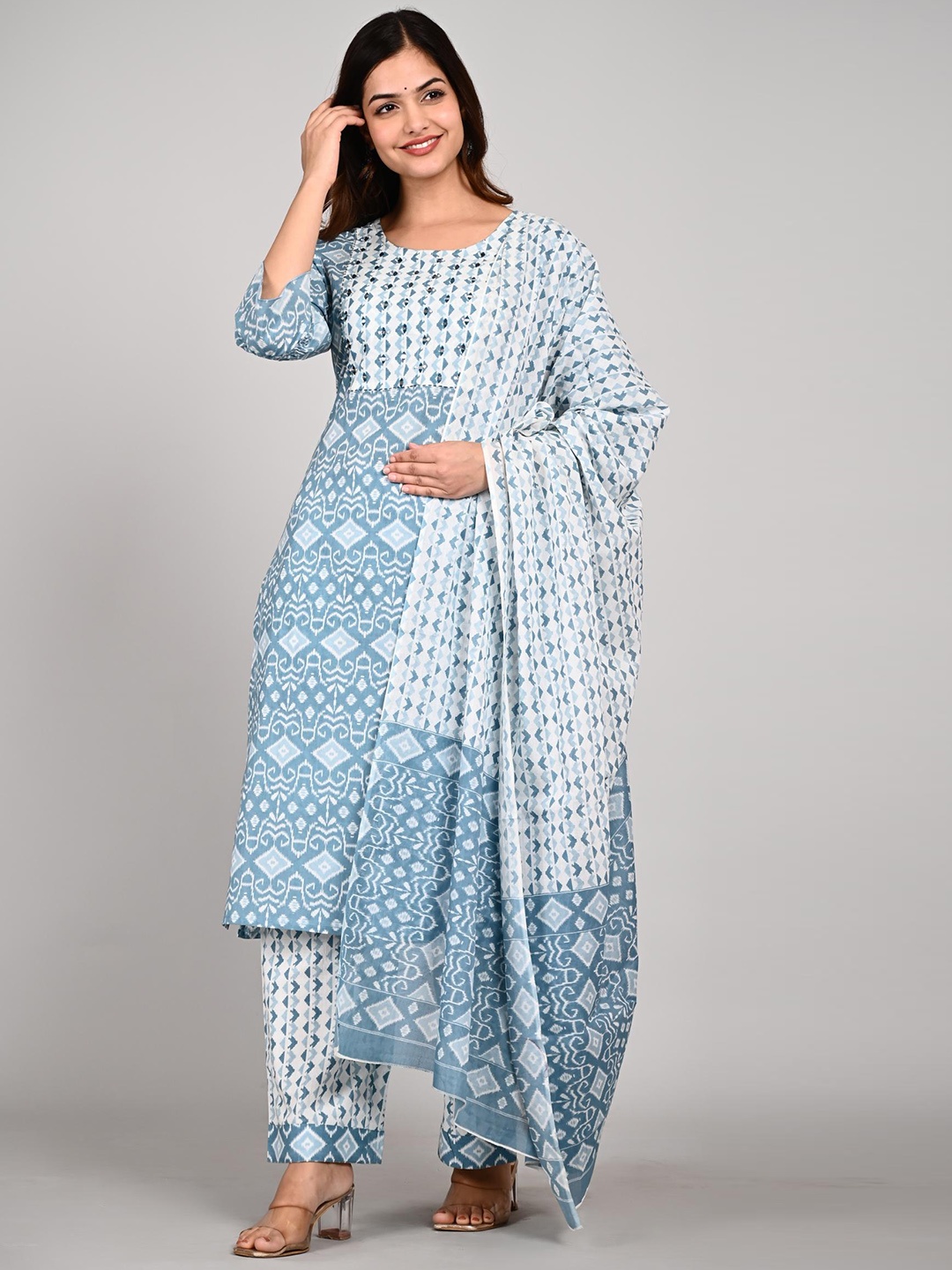 

KALINI Geometric Printed Regular Pure Cotton Kurta With Trousers & Dupatta, Blue