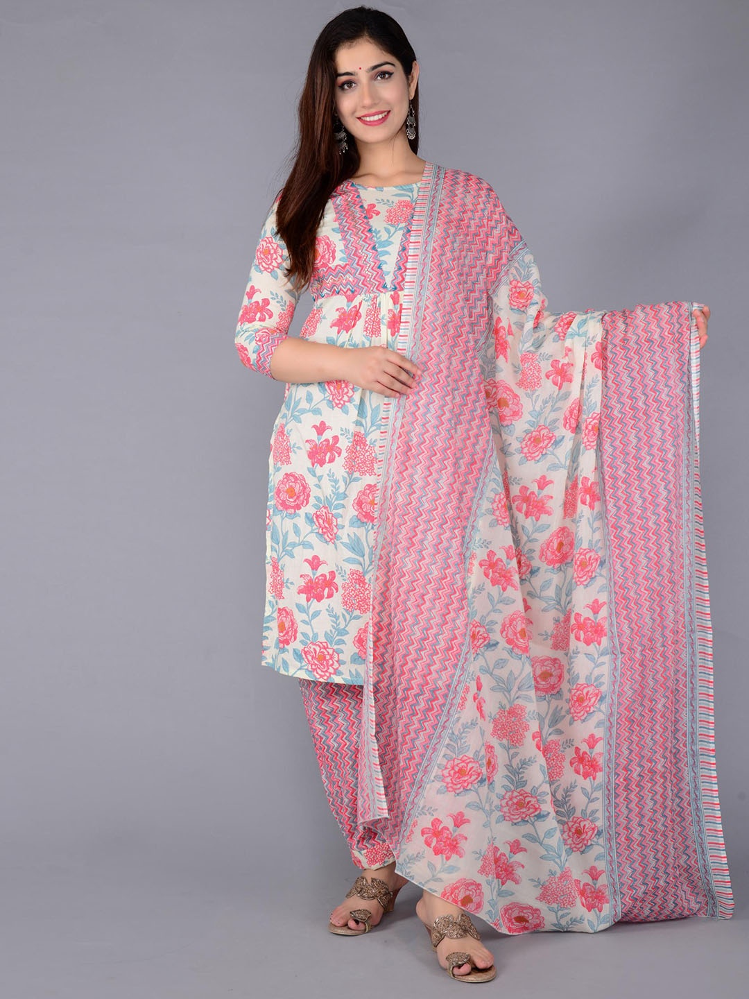 

KALINI Floral Printed Pleated Pure Cotton Kurta with Salwar & Dupatta, Pink