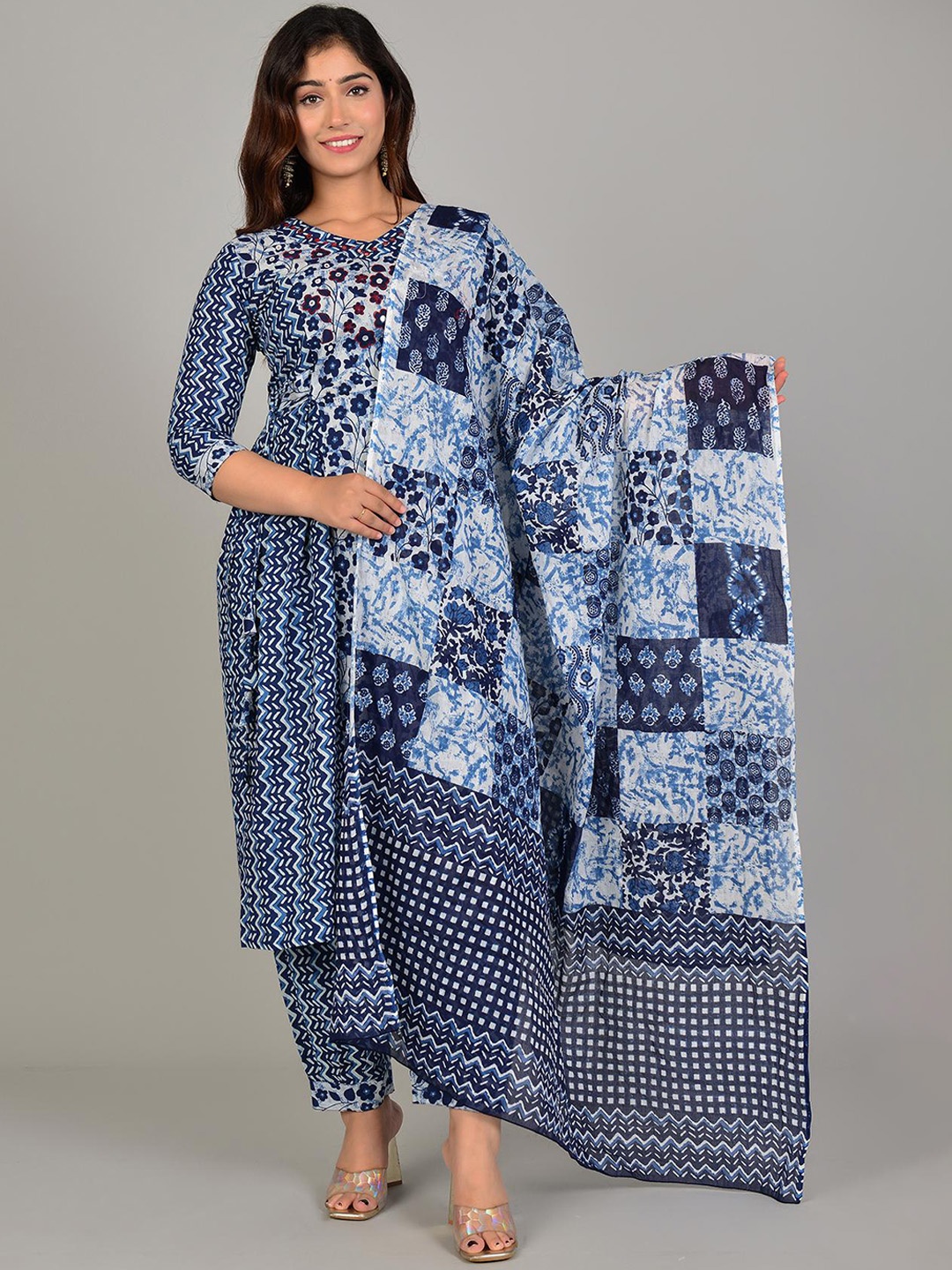 

KALINI Floral Printed Pleated Mirror Work Pure Cotton Kurta With Salwar & Dupatta, Blue