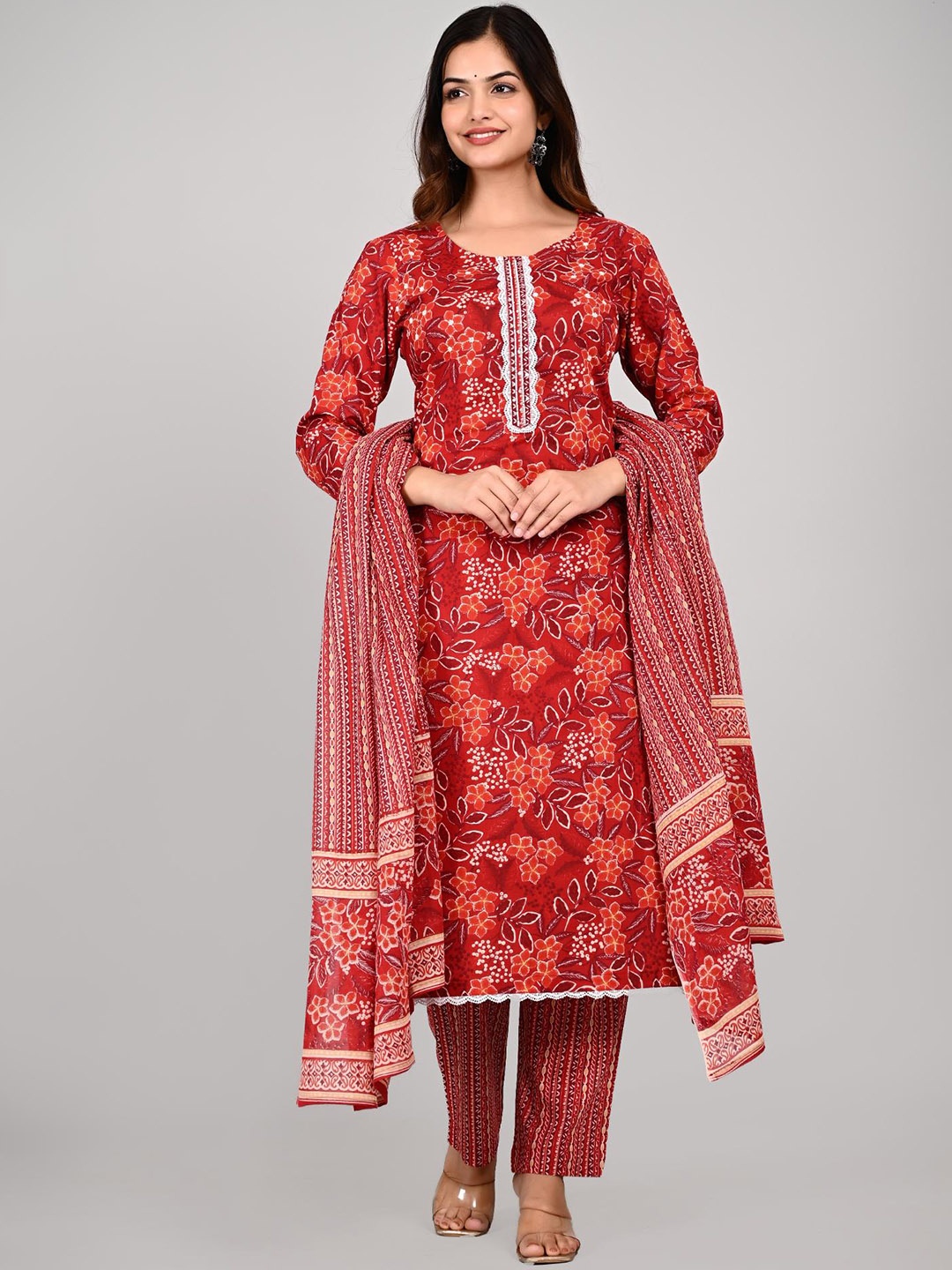

KALINI Floral Printed Regular Pure Cotton Kurta With Trousers & Dupatta, Red