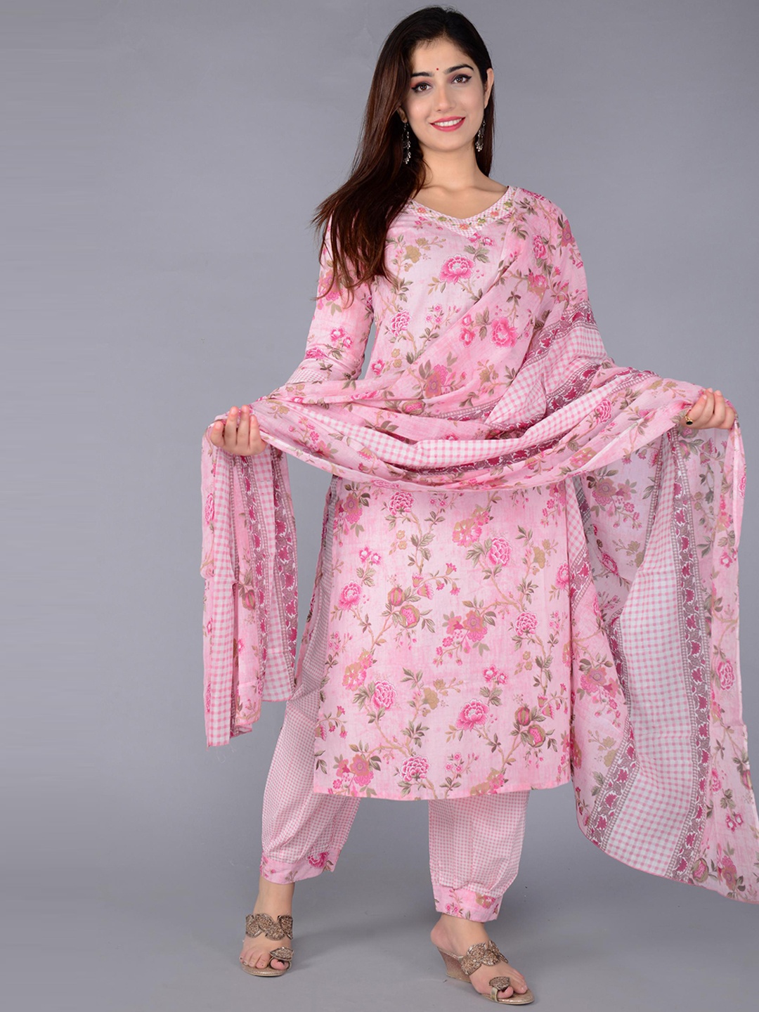 

KALINI Floral Printed V-Neck Beads and Stones Pure Cotton Kurta With Salwar & Dupatta, Pink