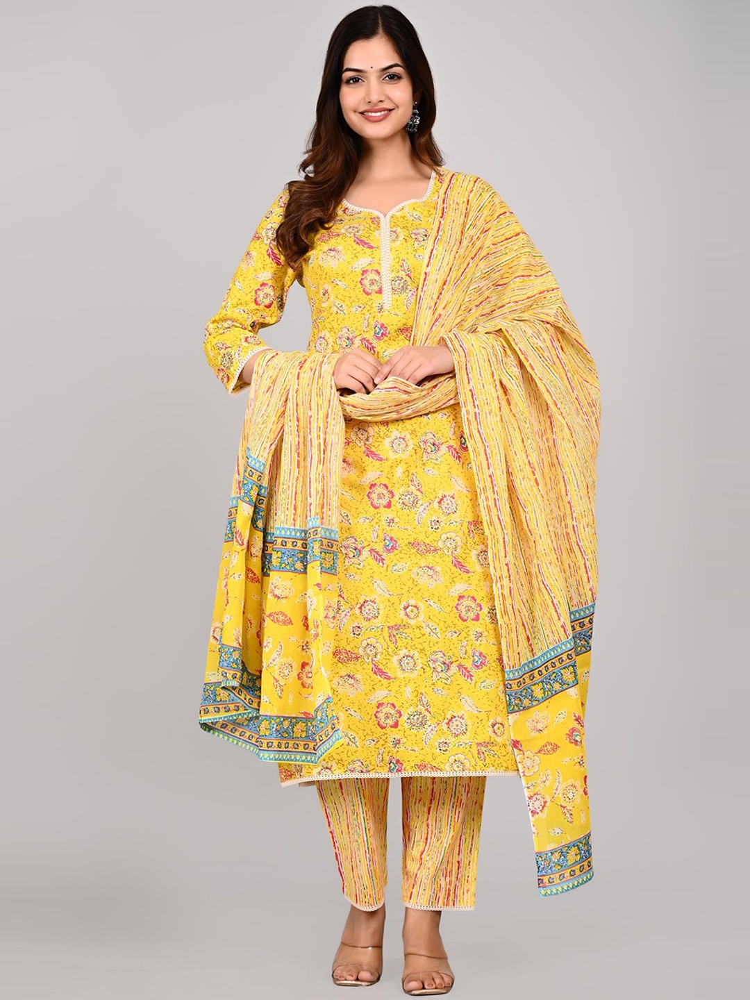 

KALINI Floral Printed Regular Pure Cotton Kurta With Trousers & Dupatta, Yellow