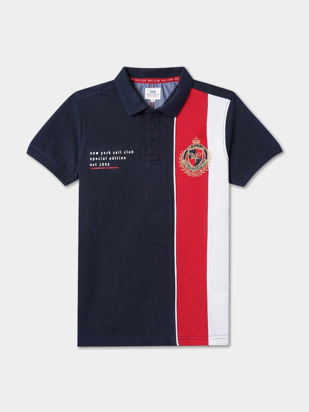 

R&B Boys Striped Polo Collar Cotton Relaxed Fit T-shirt, Navy blue