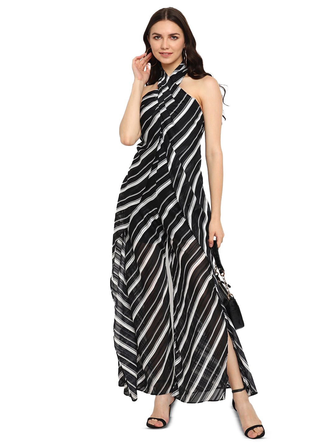 

shopbloom Striped Halter Neck Jumpsuit, Black