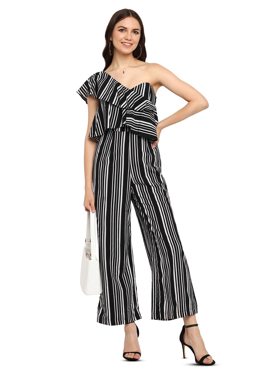 

shopbloom Striped One Shoulder Ruffles Detailed Jumpsuit, Black