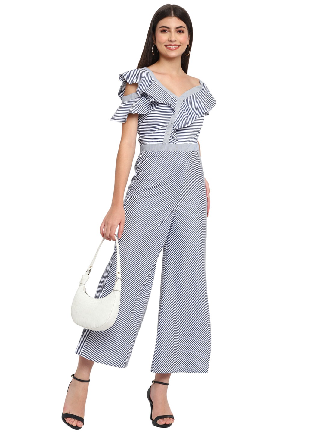 

shopbloom Striped V-Neck Ruffles Detailed Jumpsuit, White
