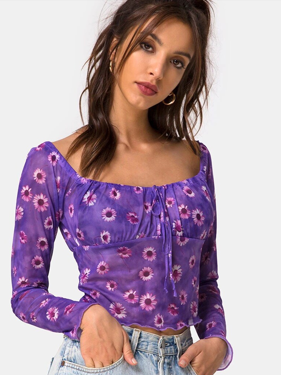 

StyleCast Purple Floral Print Scoop Neck Crop Top