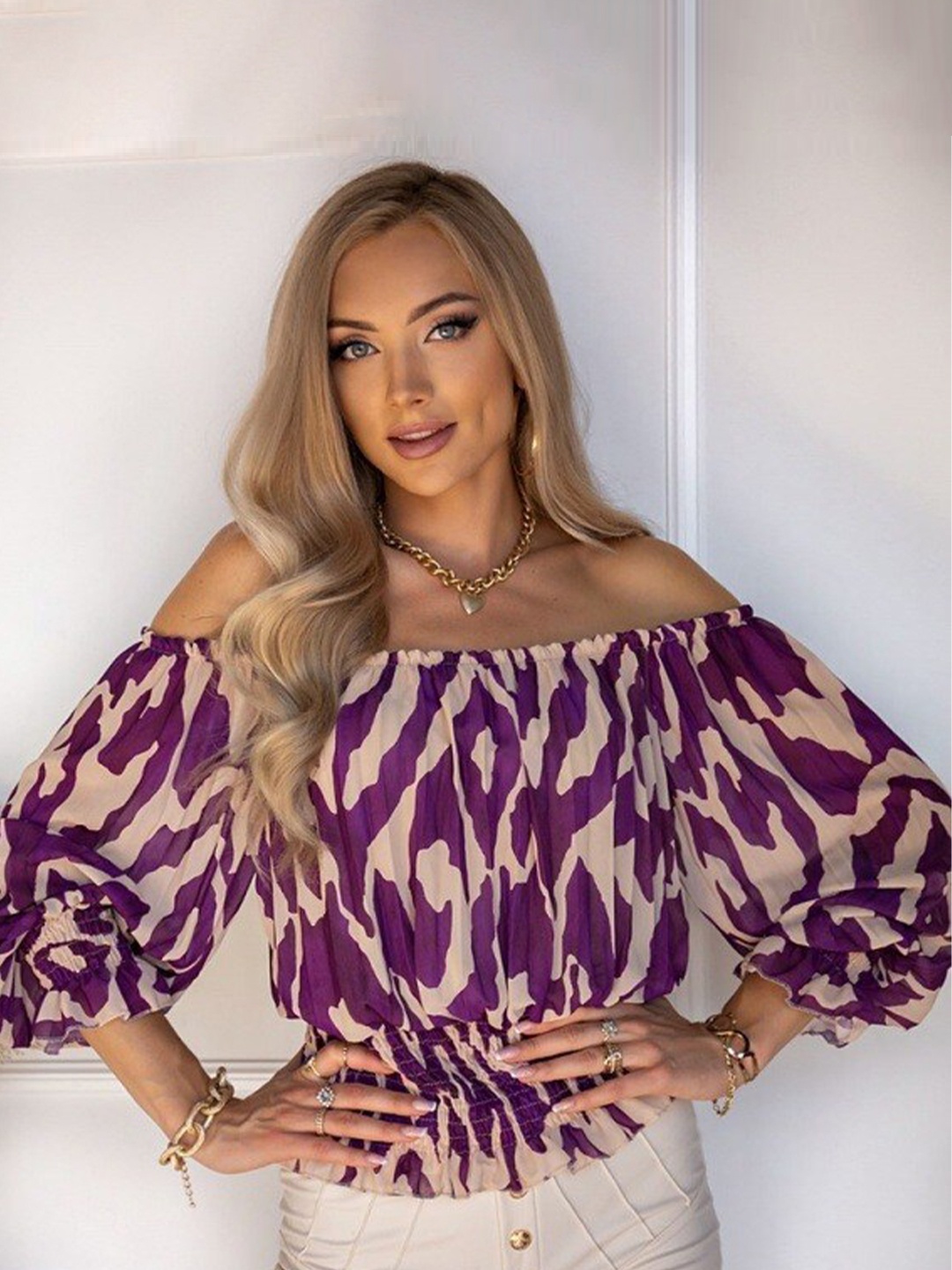 

StyleCast Purple Abstract Printed Off-Shoulder Cuffed Sleeves Smocking Detail Bardot Top