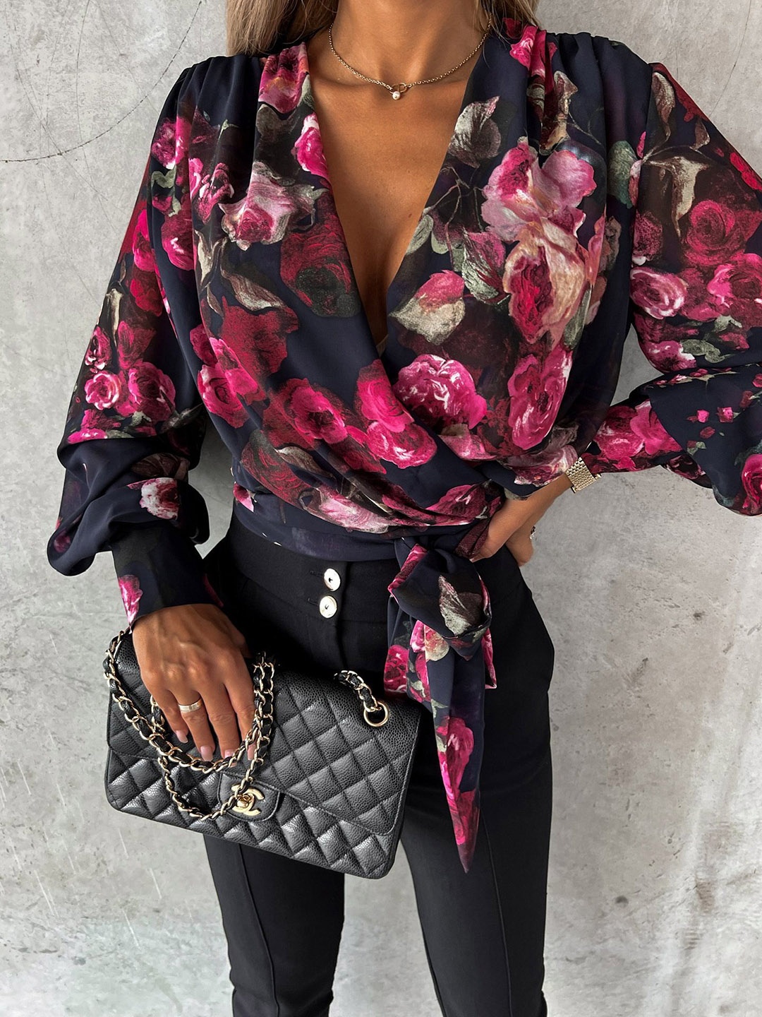 

StyleCast Floral Printed Flared Sleeves Wrap Top, Black