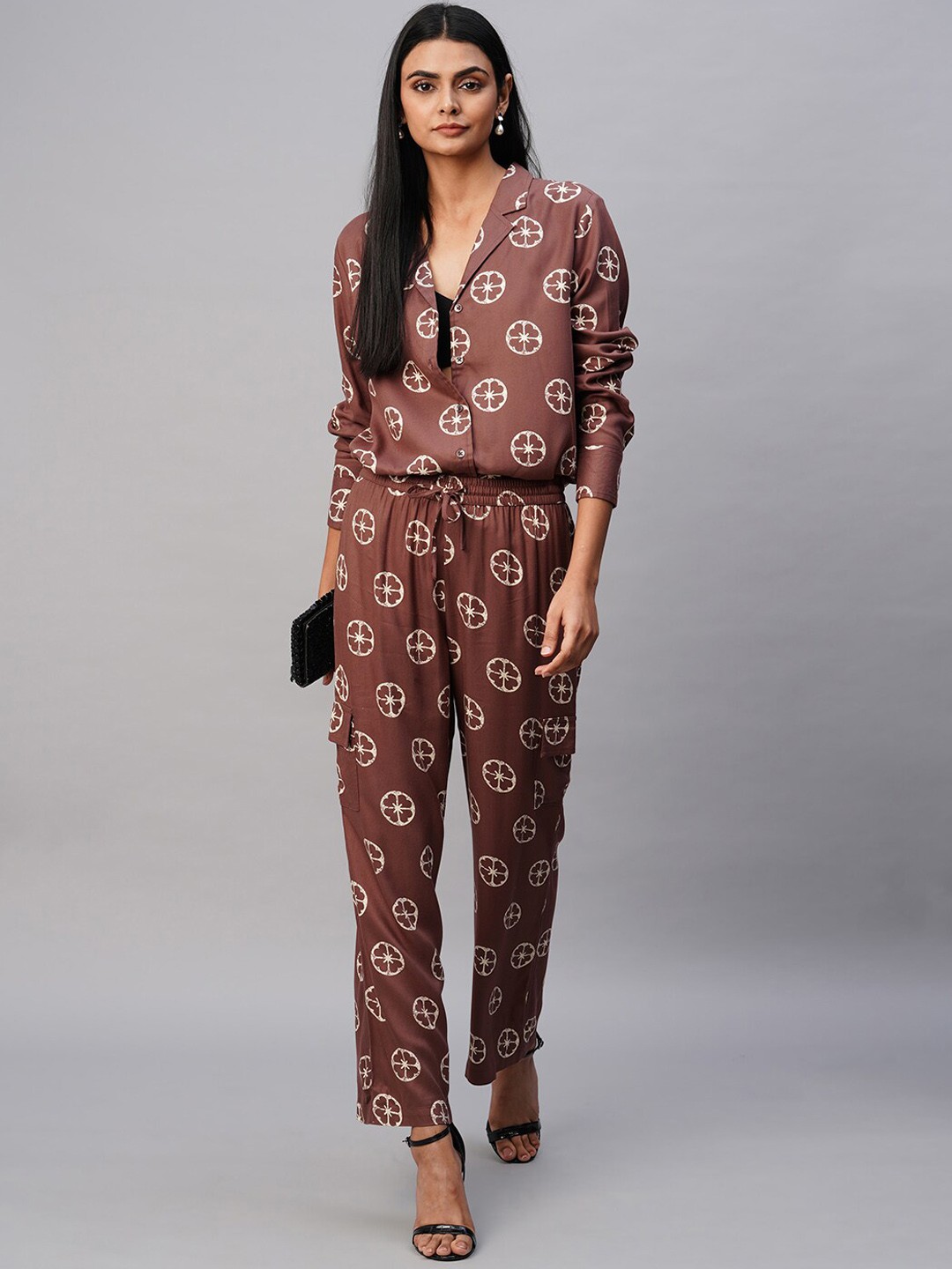 

Chemistry Women Conversational Print Shirt with Palazzos Co-Ords, Brown
