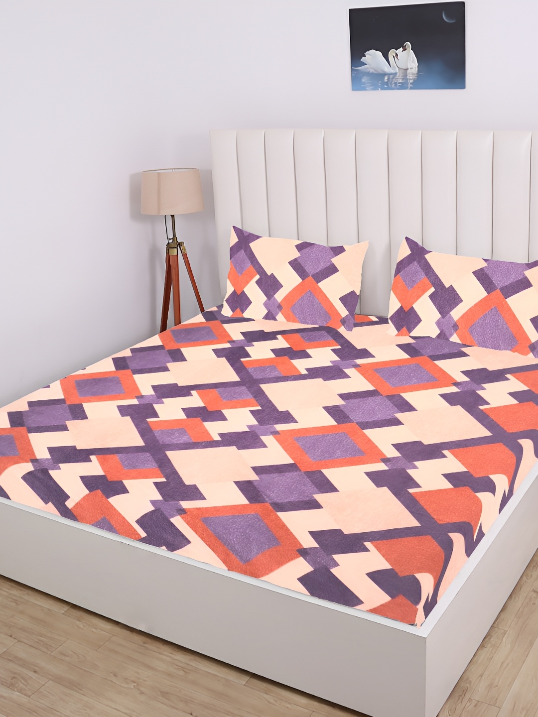 

RD TREND Cream & Purple Geometric Cotton 210 TC Fitted King Bedsheet With 2 Pillow Covers