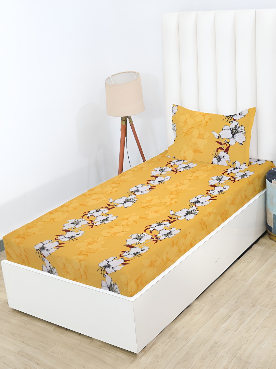 

RD TREND Yellow & White Floral Cotton 210 TC Fitted Single Bedsheet With 1 Pillow Cover