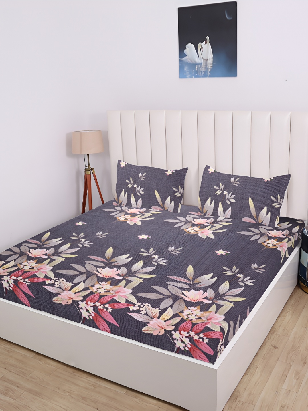 

RD TREND Grey Floral Cotton 210 TC Fitted King Bedsheet With 2 Pillow Covers