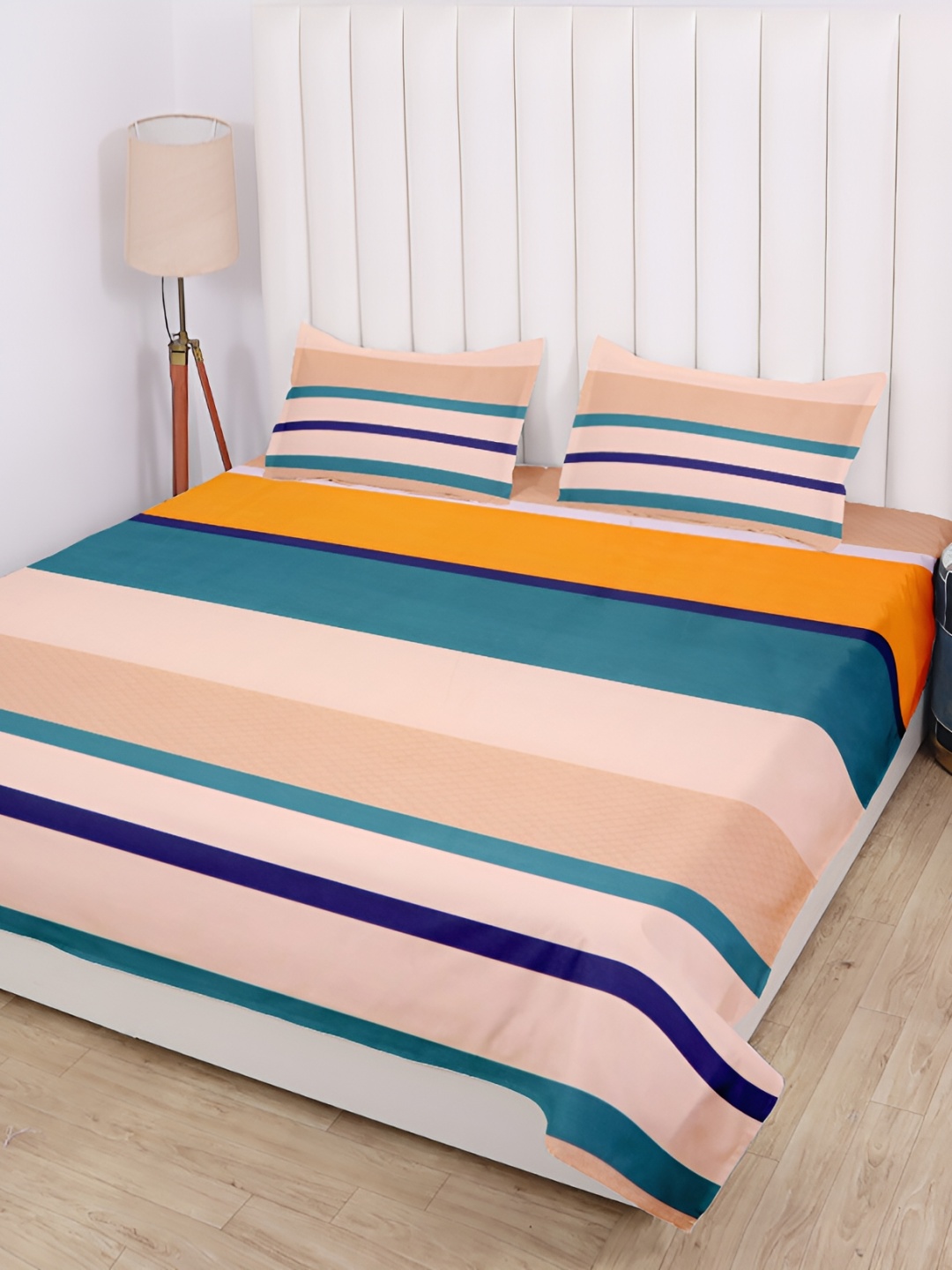 

RD TREND Beige & Teal Striped Cotton 210 TC King Bedsheet With 2 Pillow Covers