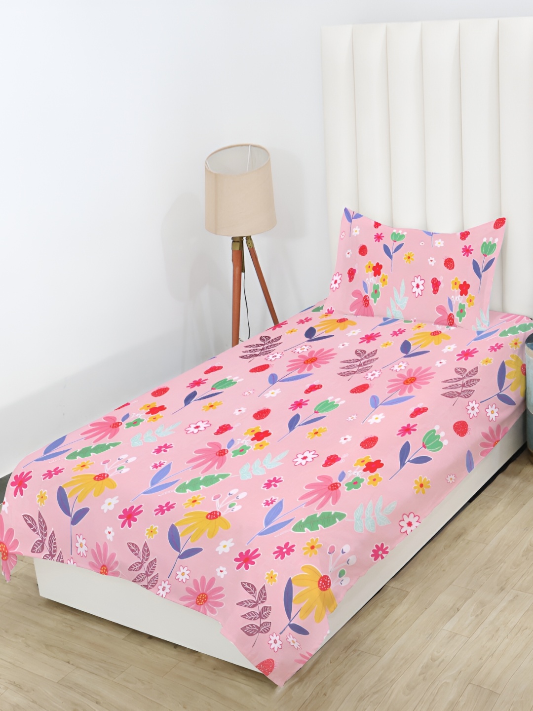 

RD TREND Pink & Yellow Floral Cotton 210 TC Single Bedsheet With 1 Pillow Cover