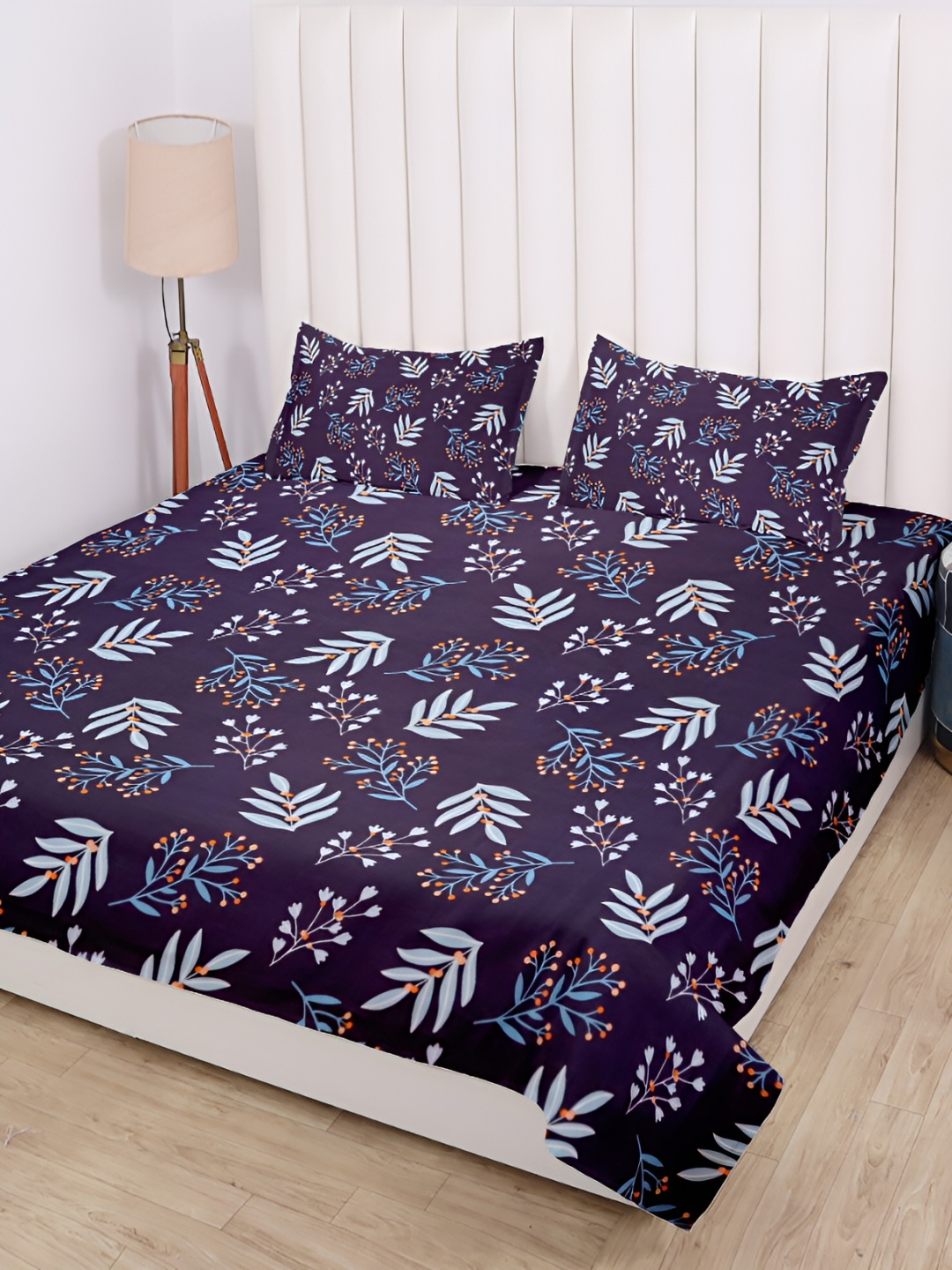 

RD TREND Navy Blue Floral 210 TC King Cotton Bedsheet with 2 Pillow Covers