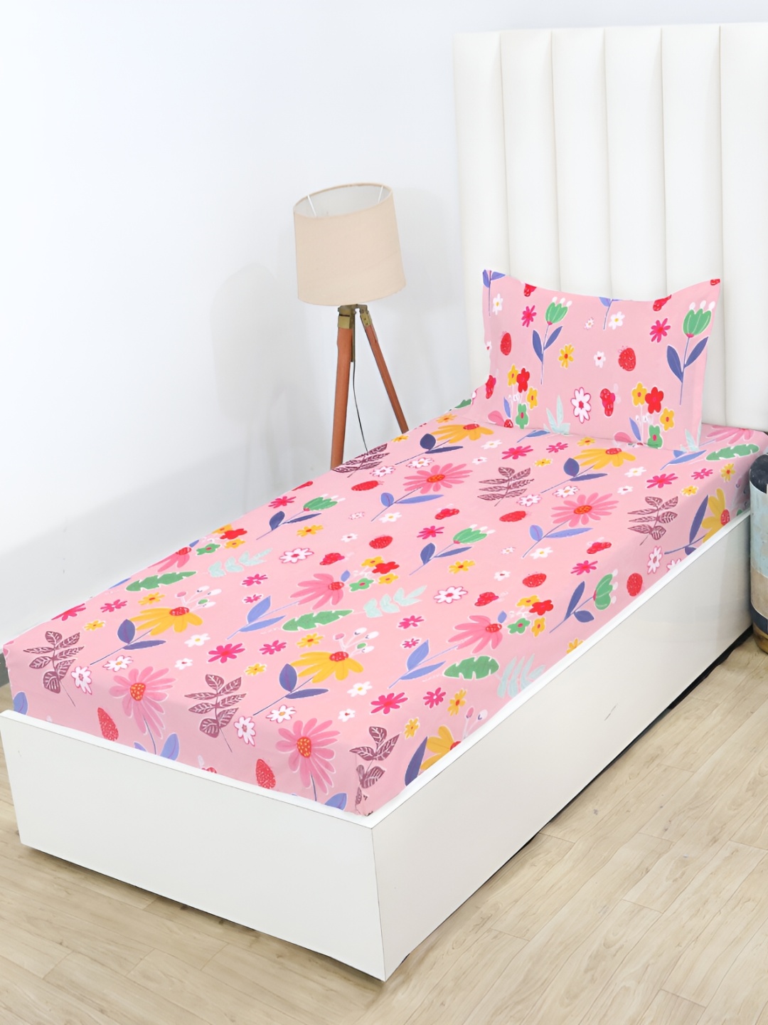 

RD TREND Pink & Yellow Floral Cotton 210 TC Fitted Single Bedsheet With 1 Pillow Cover