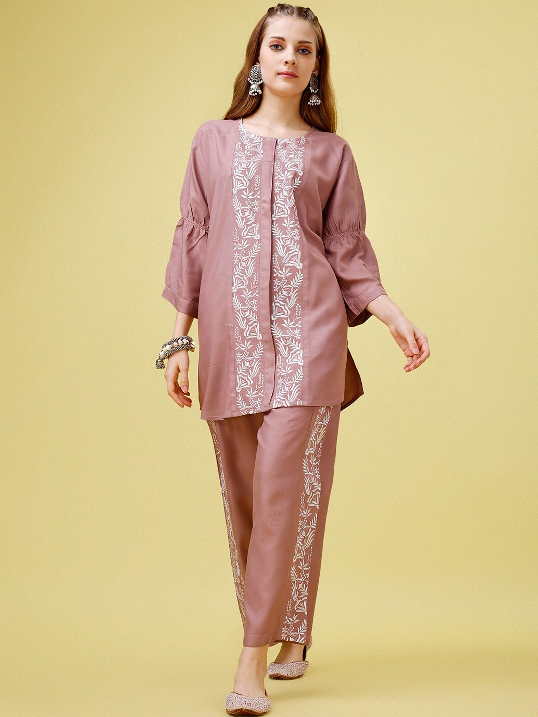 

KALINI Women Floral Embroidered Tunic with Palazzos Co-Ords, Mauve