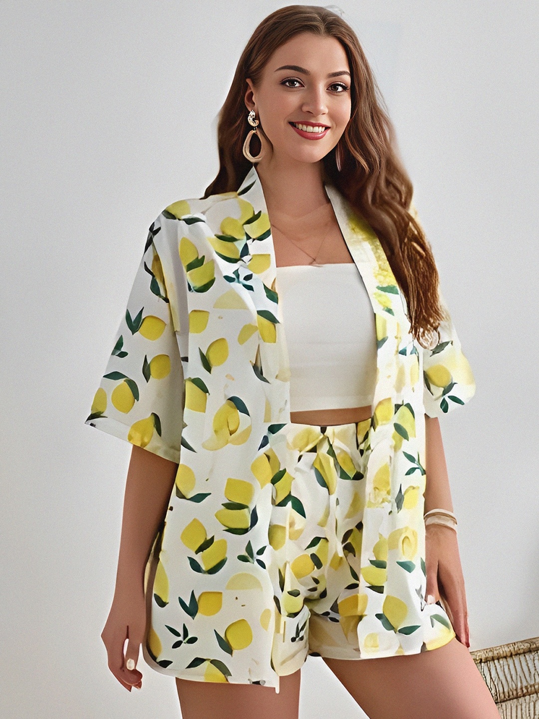 

KALINI Women Lemons Print Shawl Collar Shirt & Shorts Co-Ords, White