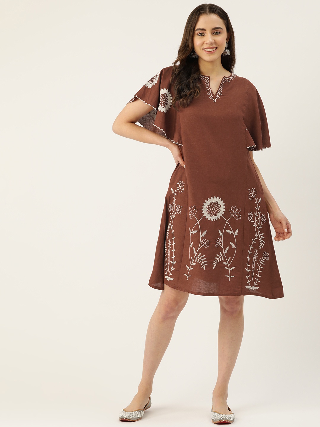 

MISRI Floral Embroidered Kimono Sleeve A-Line Dress, Brown