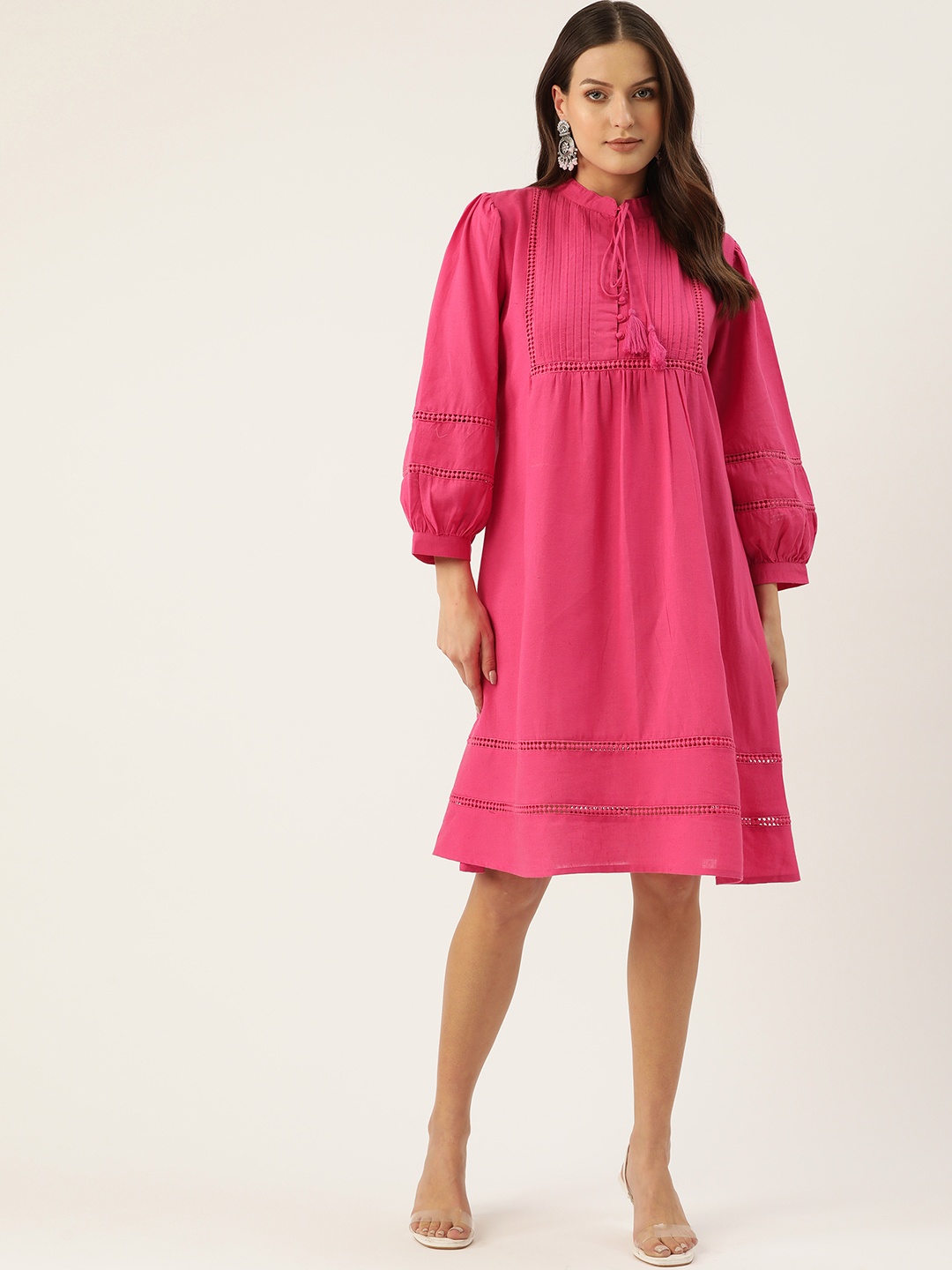 

MISRI Tie-Up Neck Puff Sleeve A-Line Dress, Fuchsia