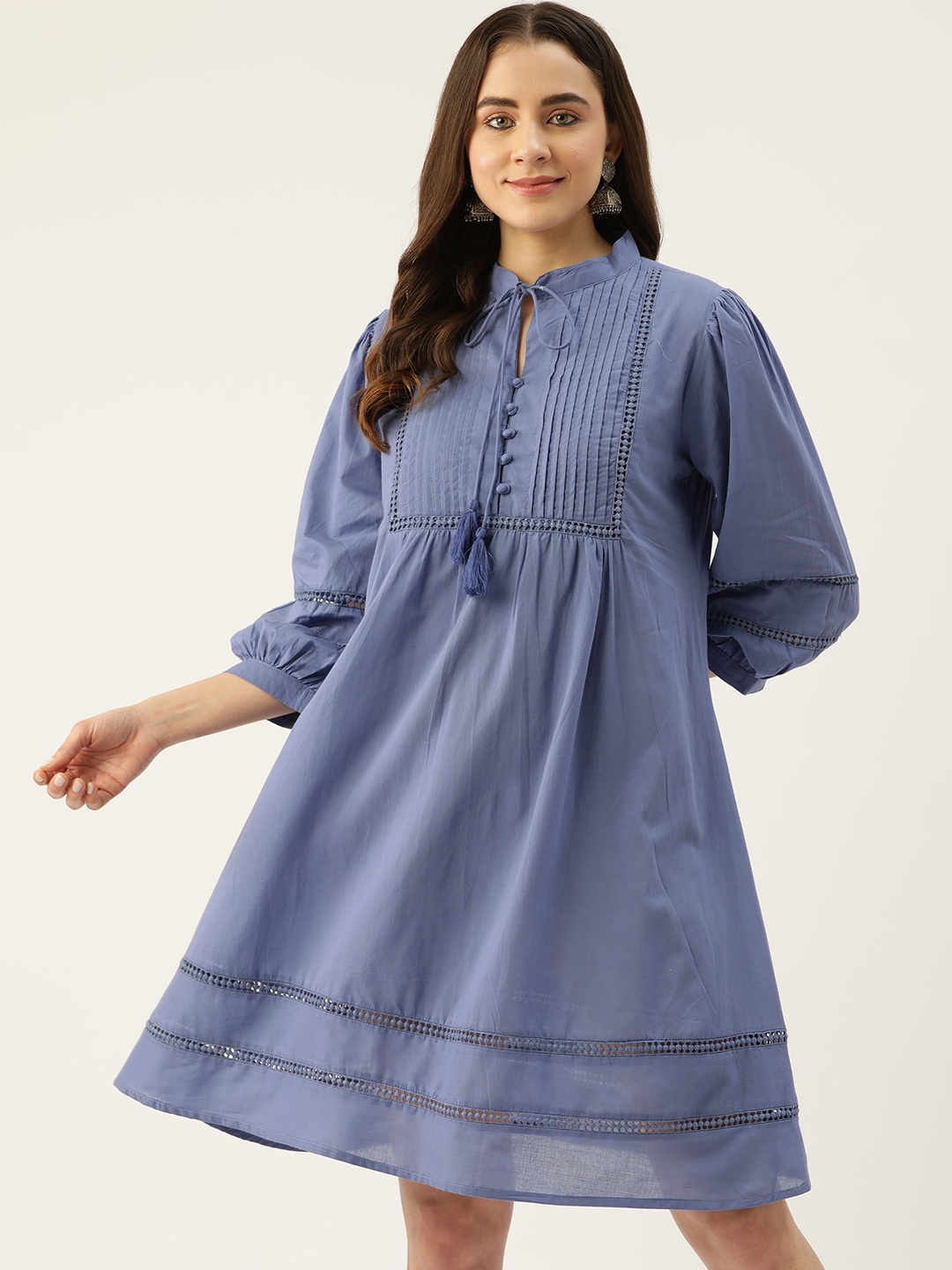 

MISRI Tie-Up Neck Puff Sleeve A-Line Dress, Blue