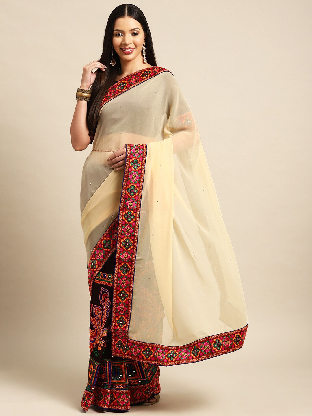 

Mitera Beige Floral Embroidered Mirror Work Pure Georgette Half & Half Saree
