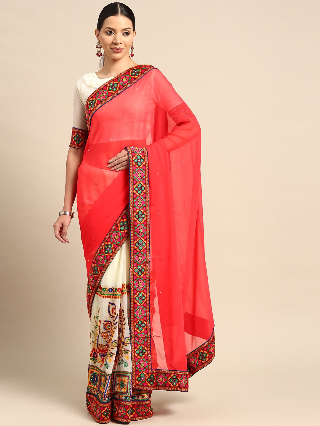 

Mitera Pink Floral Embroidered Pure Georgette Half and Half Saree