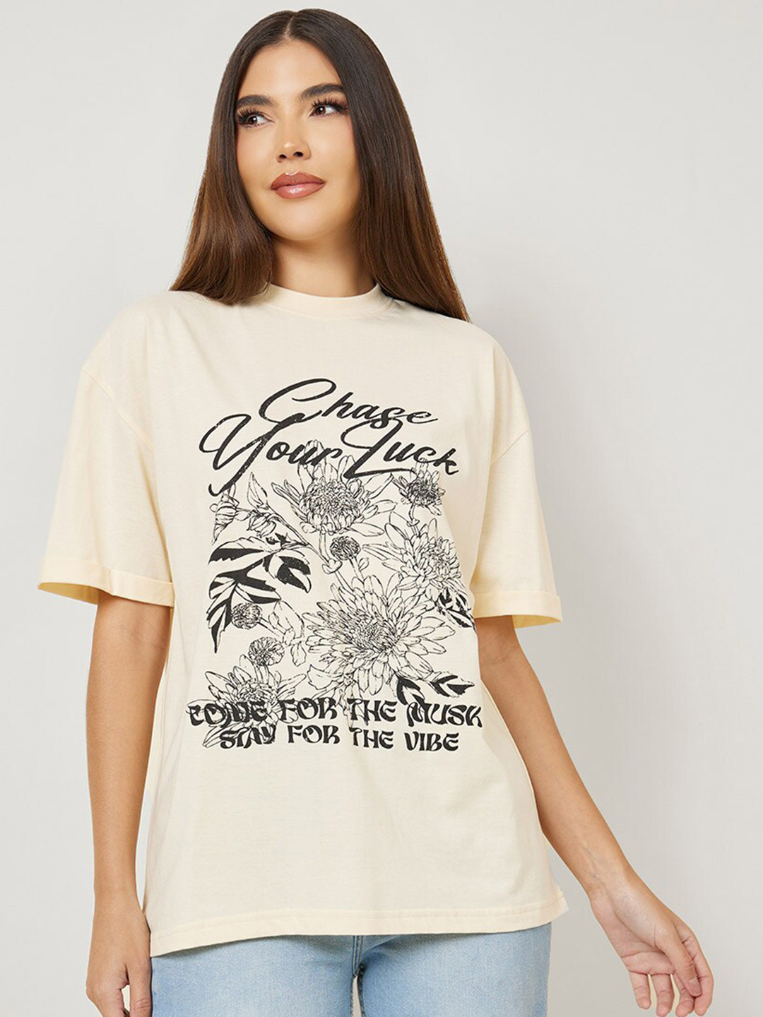 

Styli Oversized Graphic Print High Neck Pure Cotton T-Shirt, Off white