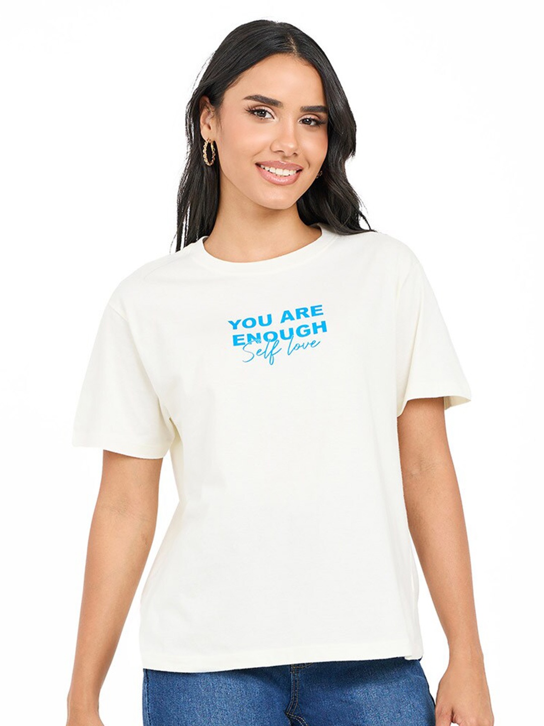 

Styli Women's Cream Regular Fit Slogan Print Drop Shoulder Longline T-Shirt