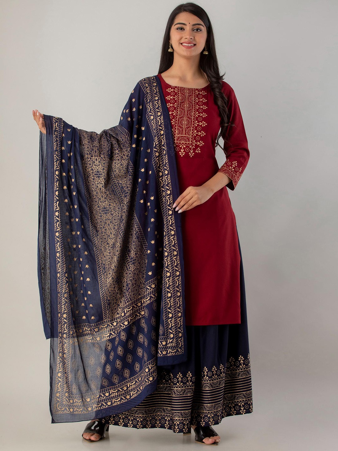 

KALINI Ethnic Motifs Yoke Design Straight Kurta With Skirt & Dupatta, Maroon