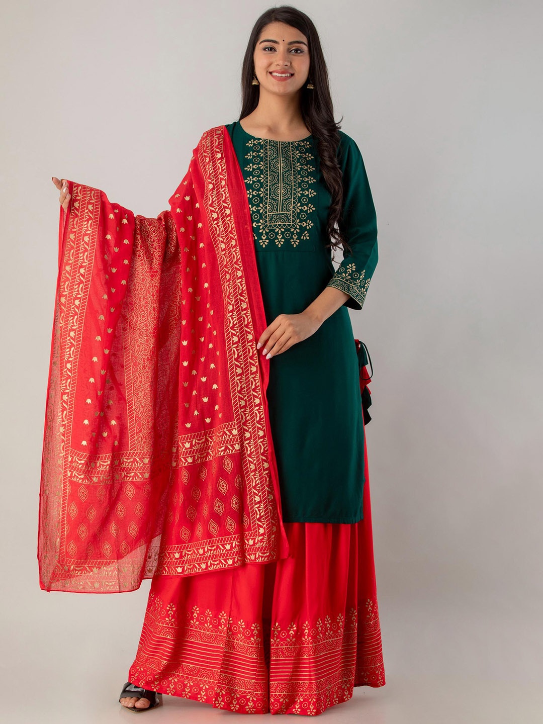 

KALINI Ethnic Motifs Yoke Design Straight Kurta With Skirt & Dupatta, Green
