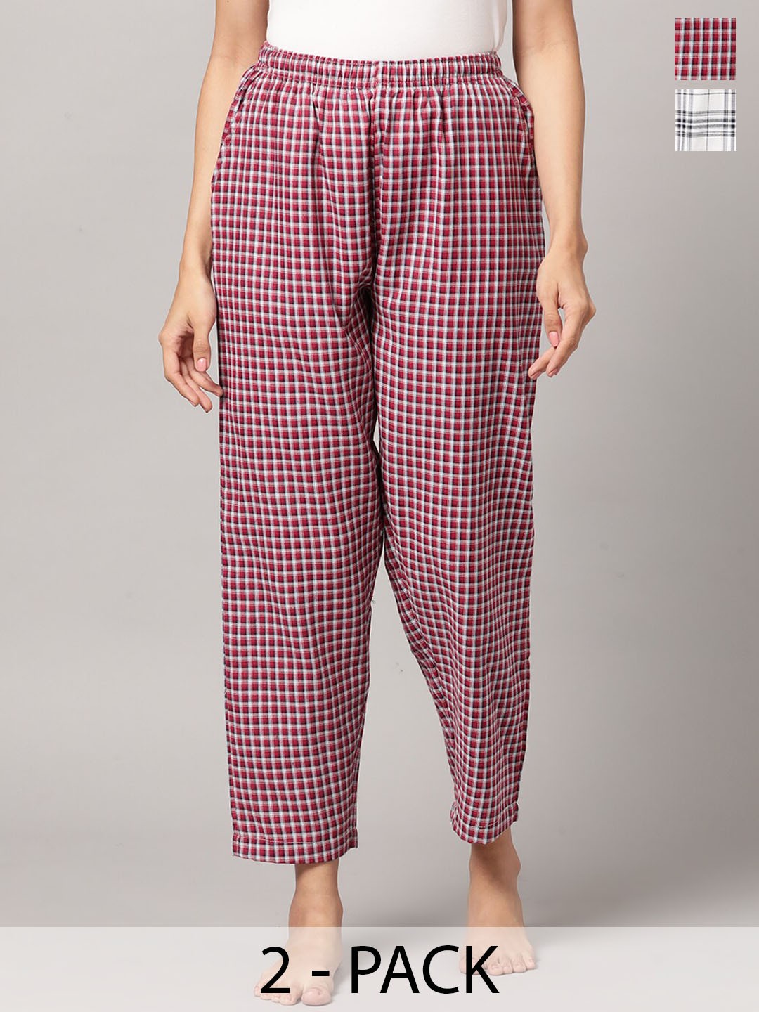 

Kryptic Women Pack Of 2 Checked Mid-Rise Cotton Straight Lounge Pants, White